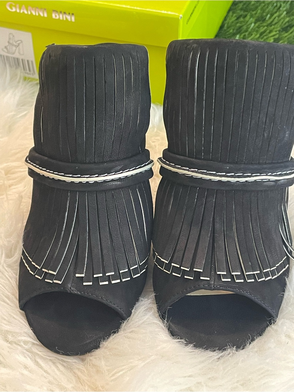 Gianni Bini Black Suede Fringe Peep-toe Heel with Metallic Gold - Picture 12 of 14